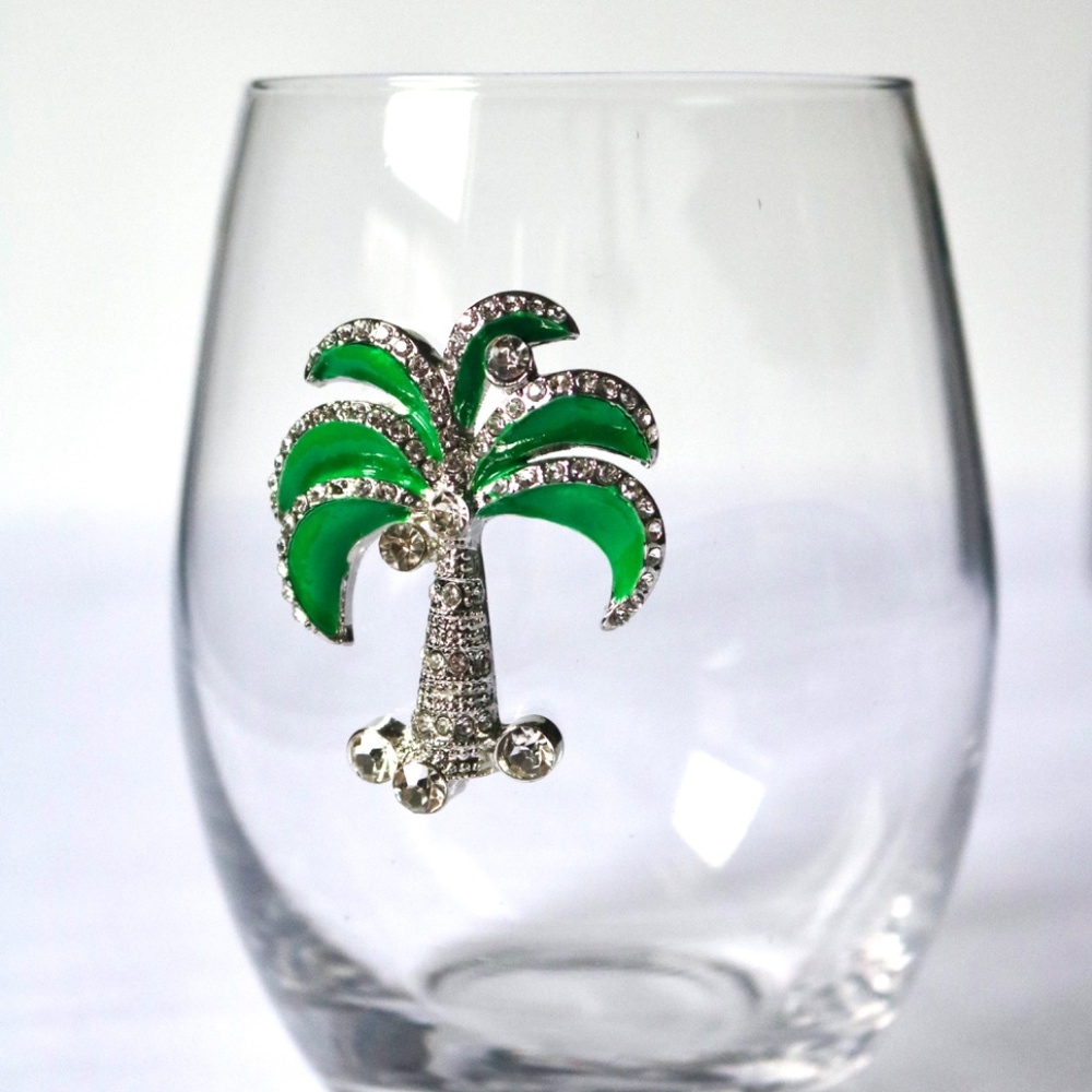 NEW Stemless Wine Beverage Cocktail Glass Rhinestone Palm Tree Bedazzled BFF